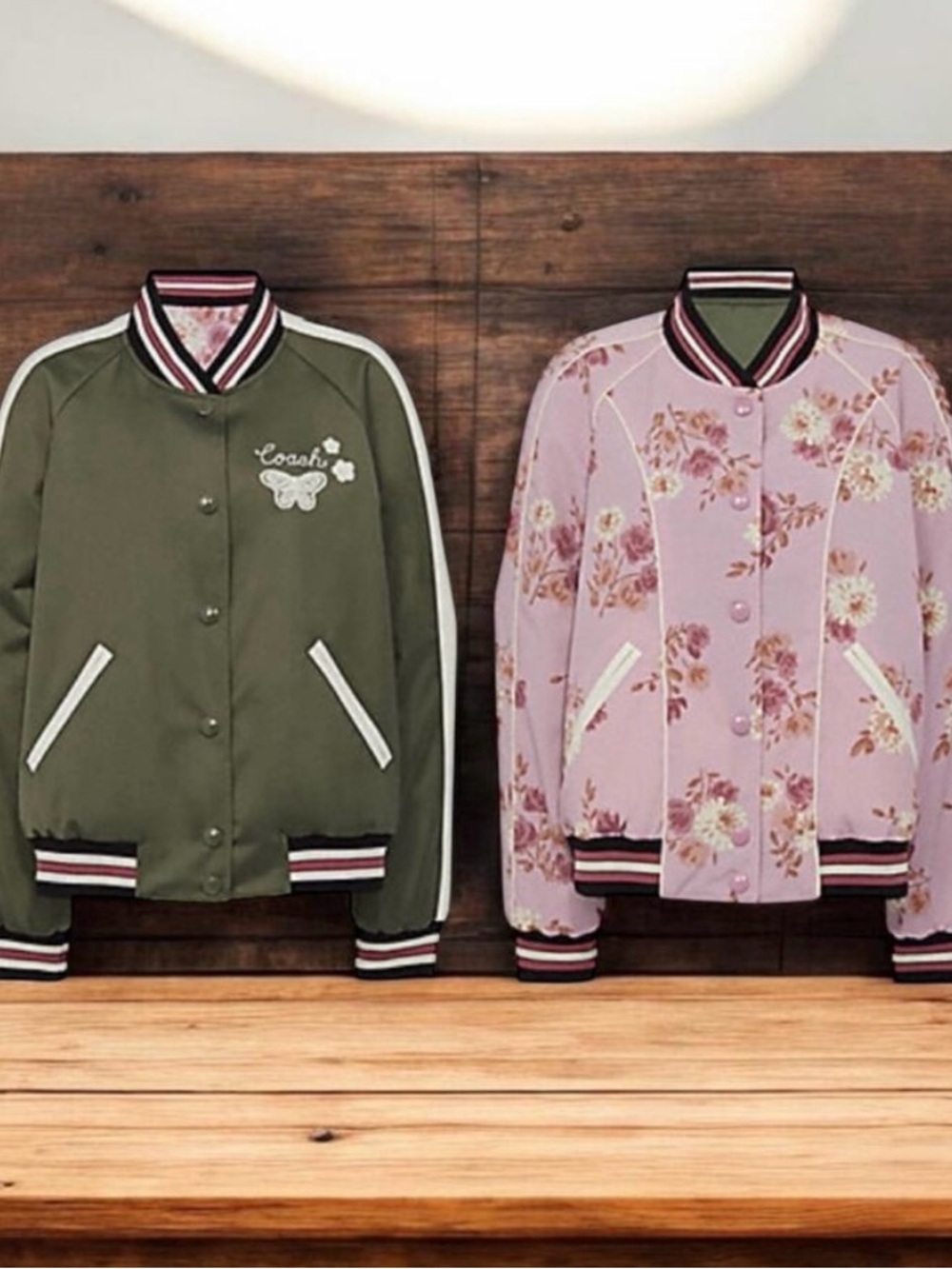 Coach Reversible Olive Green & Pink Floral Bomber Jacket
